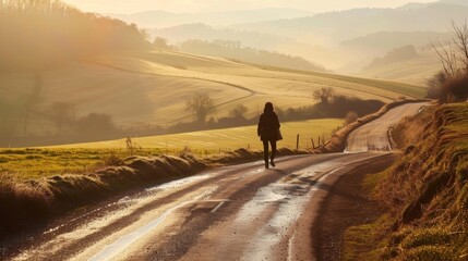 A lone figure strolling down a winding country road silhouette blending with the picturesque landscape in the distance. . .