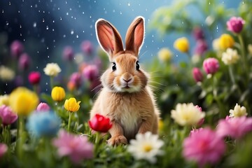 Fototapeta na wymiar Happy Easter bunny sitting in the garden with tulips and rain