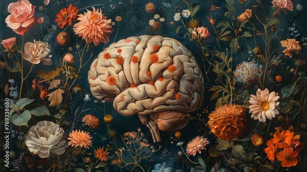 Aufkleber a brain surrounded by a garden of various blossoming flowers indicating the diverse range of thought