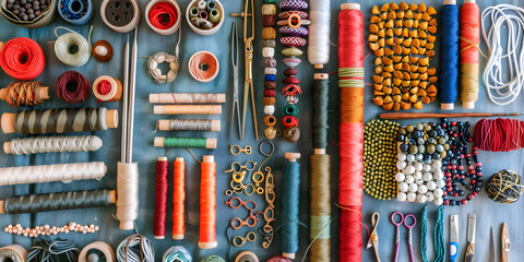 A set for needlework. Old sewing supplies and hand sewing tools. Sewing accessories for sewing thread scissors needles and a tailor counter on an old wooden surface Retro toning. - obrazy, fototapety, plakaty