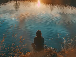 A woman sits on a rock by a body of water, looking out at the sunset