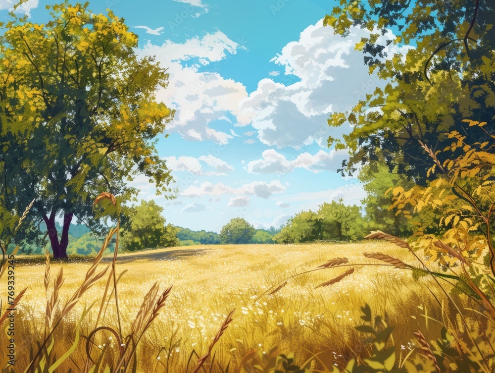 Poster a painting of a field with trees in the background