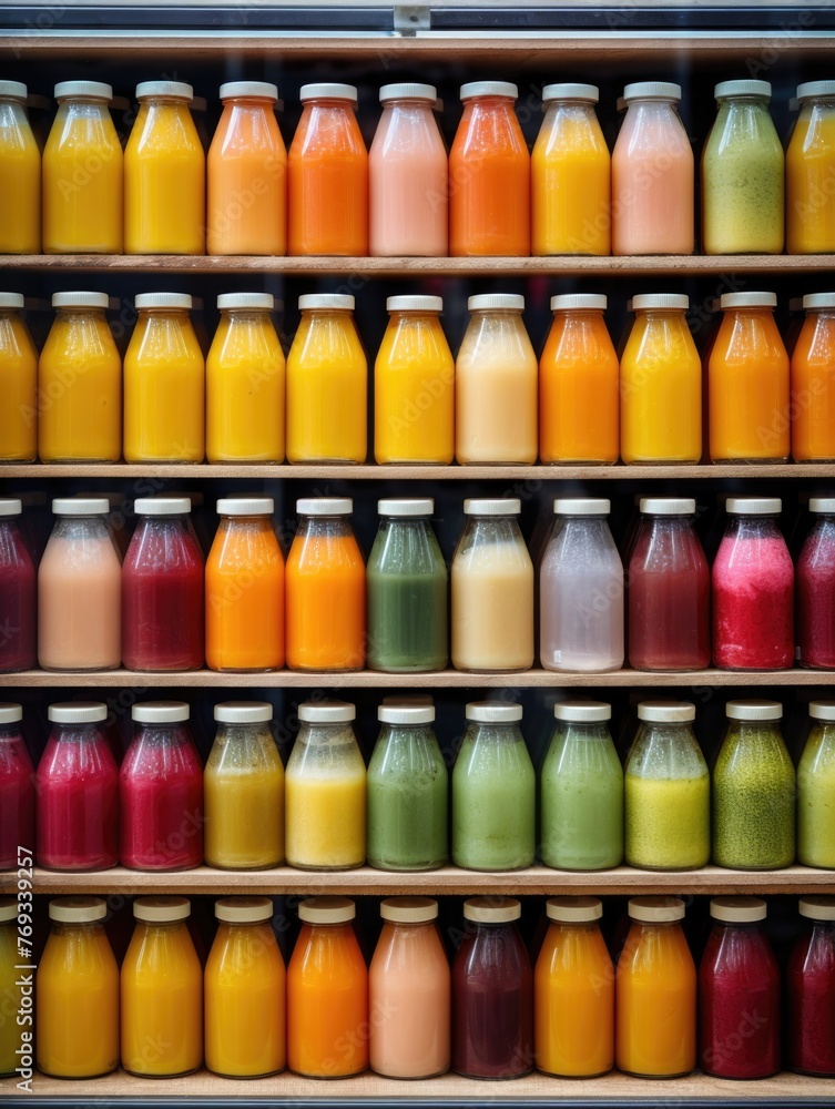 Poster a row of colorful juice bottles on a shelf