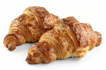 Two croissants are sitting on a white background