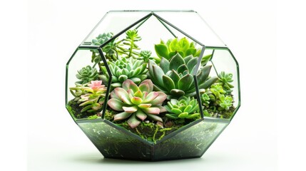 A glass vase with a variety of plants inside