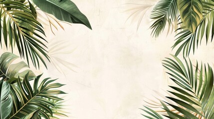 Blank mockup of a destination wedding invitation with a tropical beach theme and palm leaf border.