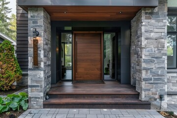 Modern entrance door with wood effect, Wall covering. Generative AI