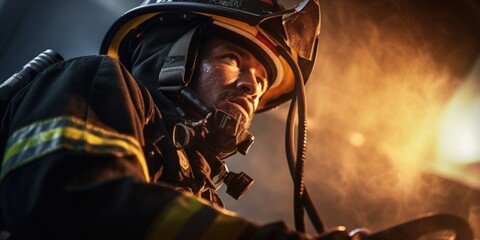 A firefighter is wearing a helmet and a black jacket