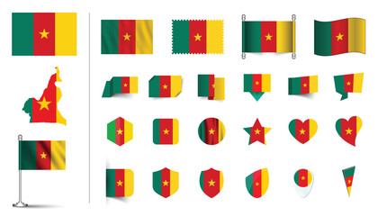 set of Cameroon flag, flat Icon set vector illustration. collection of national symbols on various objects and state signs. flag button, waving, 3d rendering symbols