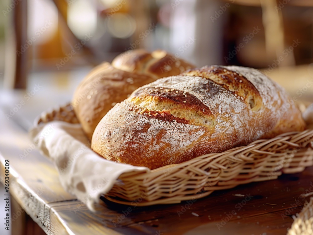 Wall mural two loaves of bread are sitting in a basket on a wooden table