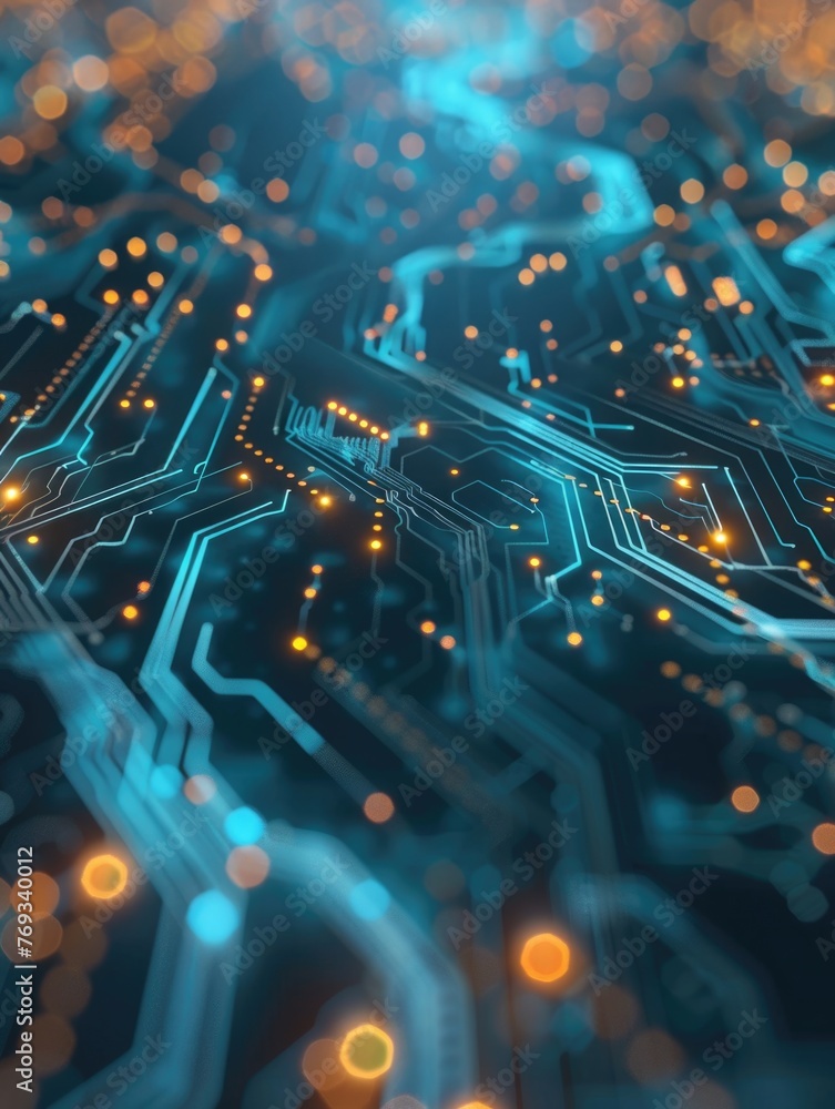 Poster a computer chip with a blue background and orange lines
