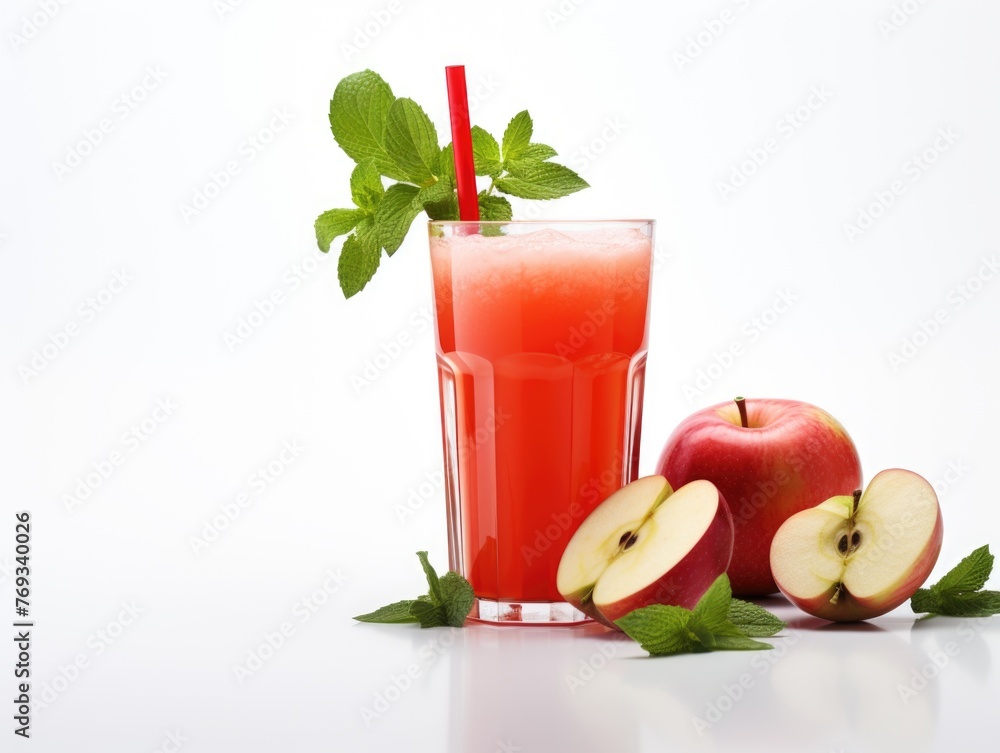 Poster A glass of red juice with a straw and a slice of apple on the side