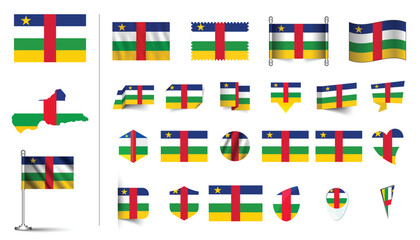 set of Central African Republic flag, flat Icon set vector illustration. collection of national symbols on various objects and state signs. flag button, waving, 3d rendering symbols