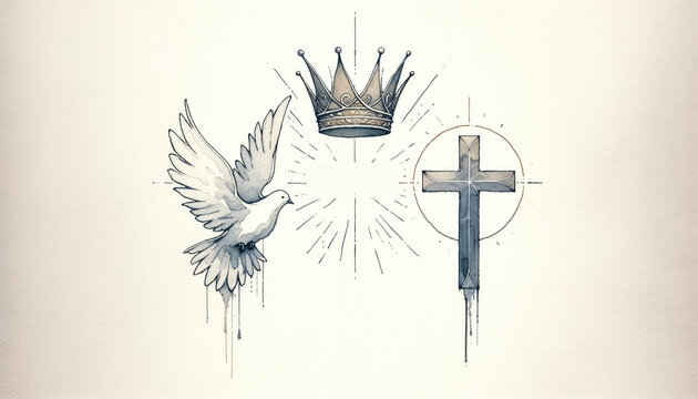 Holy Trinity symbols. Cross, crown and dove of Holy Spirit. Christian symbols against neutral background. Vector illustration.