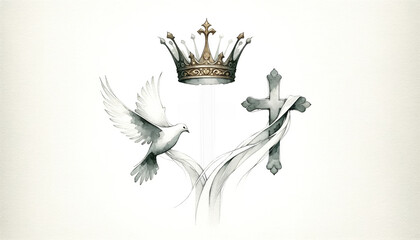 Holy Trinity symbols. Cross, crown and dove of Holy Spirit. Christian symbols against white background. Vector illustration.