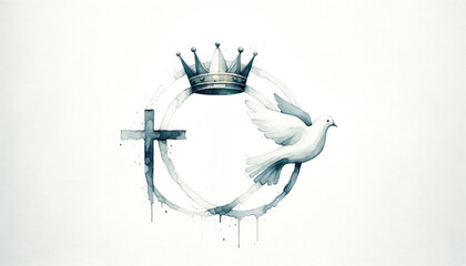 Holy Trinity symbols. Cross, crown and dove of Holy Spirit. Watercolor christian symbols against white background. Vector illustration. - obrazy, fototapety, plakaty