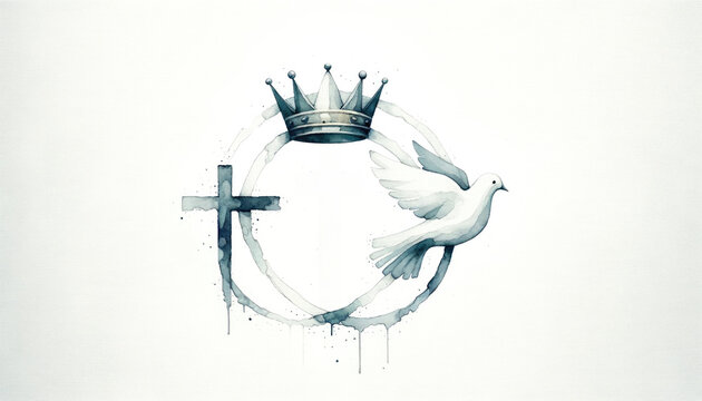 Holy Trinity symbols. Cross, crown and dove of Holy Spirit. Watercolor christian symbols against white background. Vector illustration.
