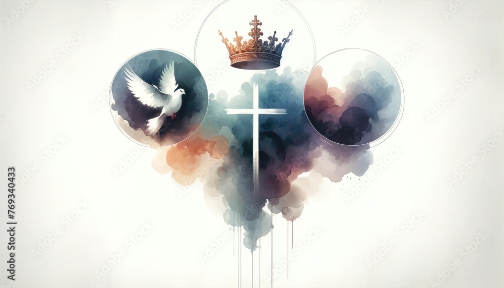 Sticker holy trinity symbols. cross, crown and dove of holy spirit on the background of watercolors.