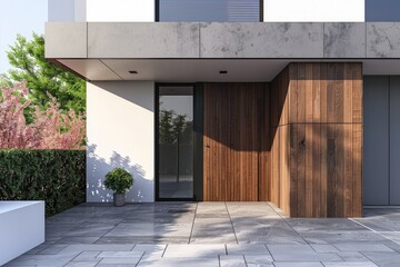Modern entrance door with wood effect, Wall covering. Generative AI