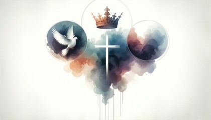 Holy Trinity symbols. Cross, crown and dove of Holy Spirit on the background of watercolors. - obrazy, fototapety, plakaty