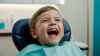 Portrait of a little boy sitting in a dental chair and smiling