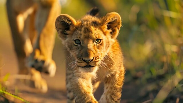Cute baby lion cub walking. 4k video animation