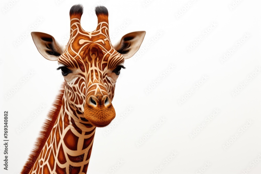 Poster a giraffe with a patterned face is looking at the camera