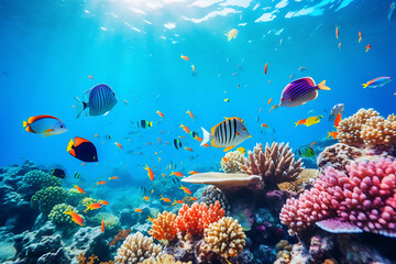 Vibrant marine life teems around a colorful coral reef under the dappled sunlight of the ocean’s surface