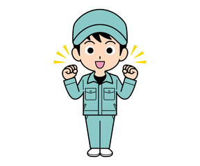 ガッツポーズする作業員の男性