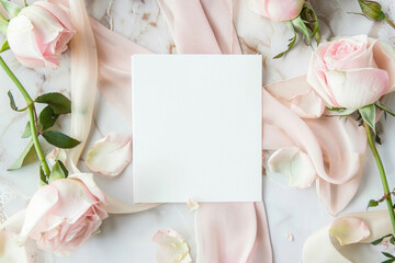 Blank card surrounded by light pink roses, buds, and silk ribbons - obrazy, fototapety, plakaty
