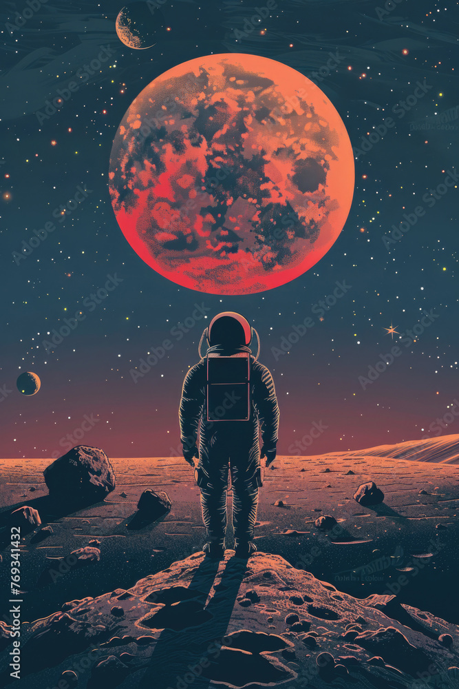 Poster a man in a spacesuit stands on a rocky surface looking up at a large red planet