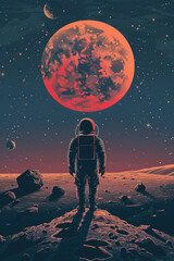 Obraz premium A man in a spacesuit stands on a rocky surface looking up at a large red planet