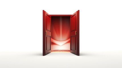 A red door is open, revealing a bright light