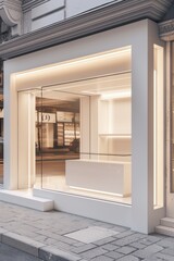 A store front with a white facade and a glass window