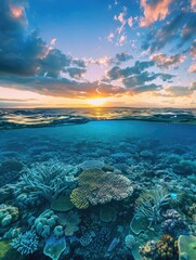 A beautiful blue ocean with a sunset in the background