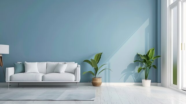 fotografia realista del interior de una vivienda con diseÃ±o mininalista, paredes de color azul claro y blanco  