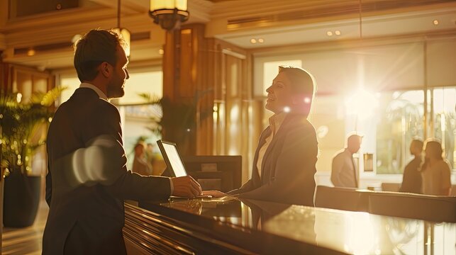 front desk man behind the desk in an hotel talking to a couple of guests about to book in, happy, distance, movie scene, blur, depth of field, 