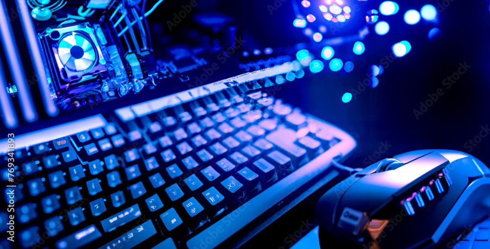 Poster cyberpunk style keyboard and mouse with computer case hardware showing insides, blue tone