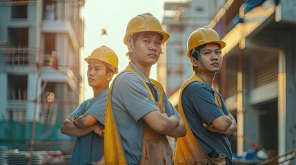 front view of three asian 30 years old male construction workers standing, they are wearing construction clothes with helmets, they looks happy and proud, positive energy, construction site, 
