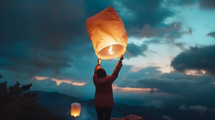Person Releasing Glowing Paper Lantern at Dusk in Scenic Mountain Landscape