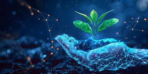 Hand with young plant in soil with a blue glow lights  importance of nature save nature save life nature background grow plants, Green plant in human hands  respect for nature sustainable energy care  - obrazy, fototapety, plakaty