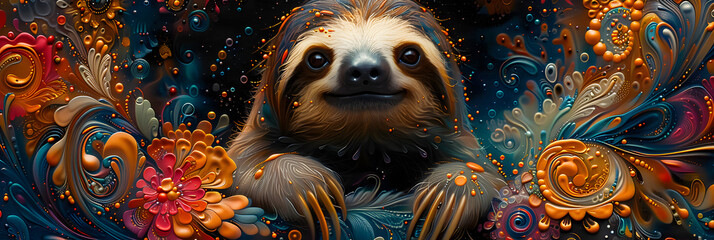 Psychedelic Encounter   Close-up of a sloth with,
A sloth in a colorful background with a pink and green background. - obrazy, fototapety, plakaty