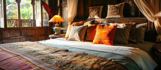Bedroom adorned in traditional style with pillows on the bed, decor concept