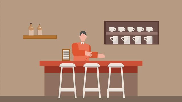 Animated video virtual Coffeehouse, coffee shop or cafe concept. Full length animation illustration. High quality 4k footage.
