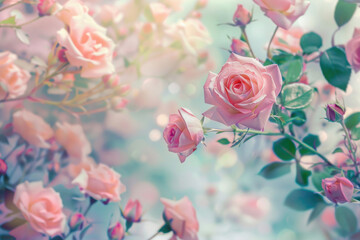 Blooming delicate roses on a festive floral background - obrazy, fototapety, plakaty