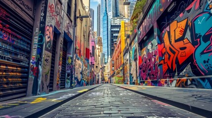 Graffiticovered walls line a narrow alleyway while towering glass highrises loom in the background representing the clash between traditional street art and contemporary urban