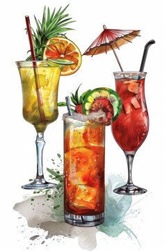 Three colorful drinks in glasses with umbrellas and straws