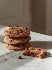 A stack of chocolate chip cookies with one cookie missing