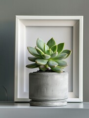 A small plant is in a grey pot on a shelf