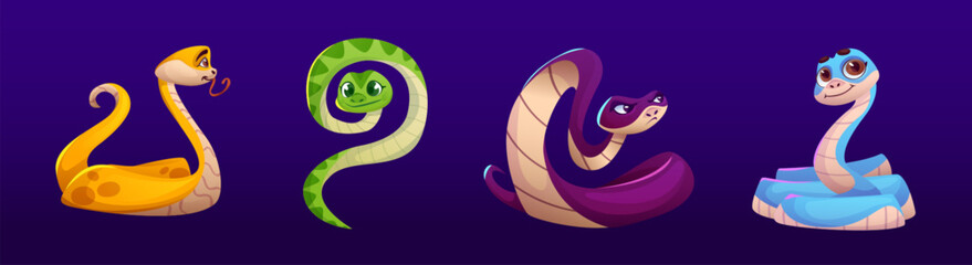 Cute and funny cartoon snake character vector. Happy python, cobra and viper reptile with long tail isolated set. Crawling tropical zoo animal baby kid image design. Wild zoology mascot collection